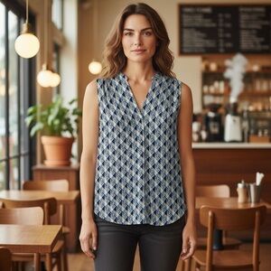 Women's Medium Blue Tan Pattern Sleeveless Casual Soft Hi-Low Career Blouse
